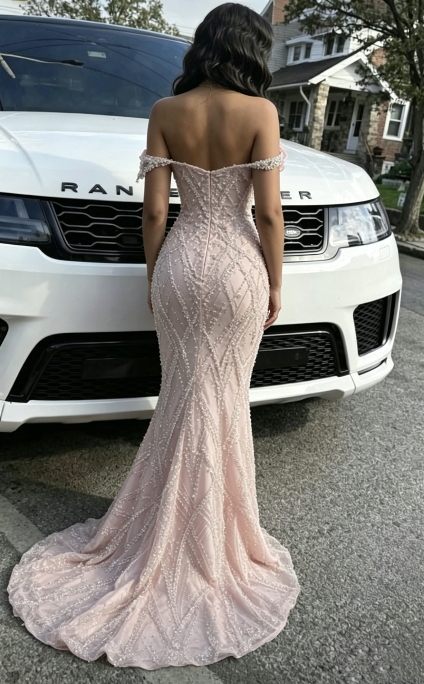 Elegant Pink Off-the-Shoulder Pearl Beaded Mermaid 3D Floral Applique Evening Gown DP8559