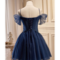 Elegant Navy Blue Off-the-Shoulder Tulle Pearl Beaded A-Line Homecoming Dress DP8702