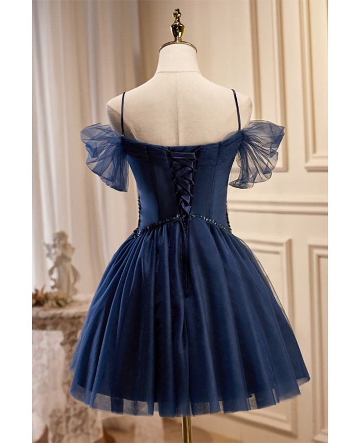 Elegant Navy Blue Off-the-Shoulder Tulle Pearl Beaded A-Line Homecoming Dress DP8702