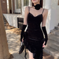 Vintage Glitzernde Pailletten Liebsten Spaghetti Strap Rüschen High Slit Ballkleid Abendkleid DP6407