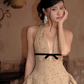 Robe de soirée trapèze vintage kaki à pois, col licou, robe de cocktail courte, DP6615