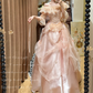 Robe de mariée romantique intemporelle en dentelle rose vintage, tulle à volants et manches mi-longues, coupe trapèze, DP7253