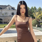 Fashion Brown Beading Spaghetti Strap Design A-line Mermaid Women Dress, DP5889