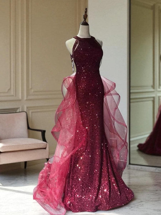 Glam Burgundy Sequin Halter-Neck Evening Gown Mermaid Sheer Tulle Overlay Prom Dress DP7871