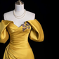 Elegant Golden Off‑the‑Shoulder Satin High Slit A-Line Prom Dress DP8779