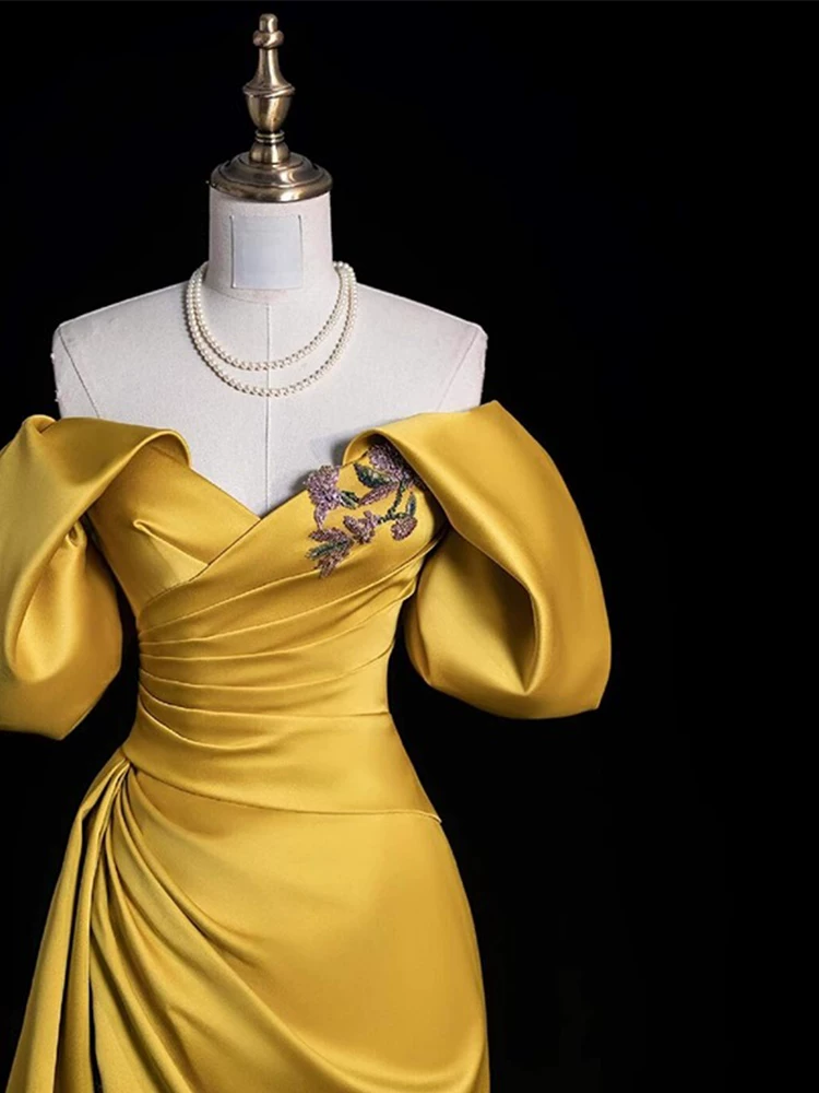 Elegant Golden Off‑the‑Shoulder Satin High Slit A-Line Prom Dress DP8779