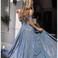 Glamorous Dusty Blue Glitter Off-Shoulder Gown High Slit A-Line Evening Dress DP8111