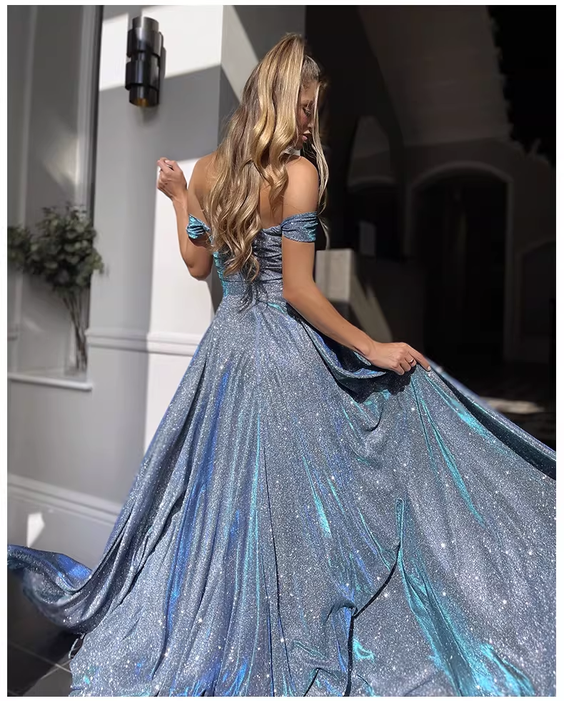 Glamorous Dusty Blue Glitter Off-Shoulder Gown High Slit A-Line Evening Dress DP8111