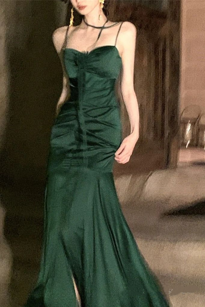 Wunderschönes smaragdgrünes Satinkorsett-Spaghettiträger Meerjungfrauen-Ballkleid mit 3D-Rosen DP8363