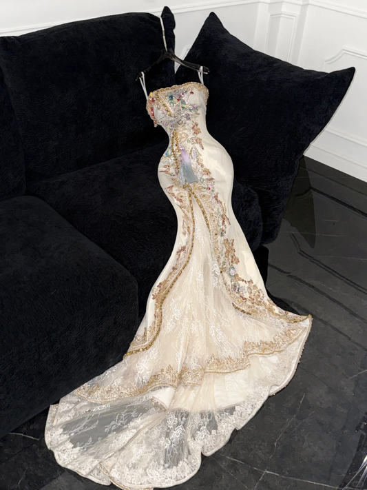 Sparkling Beige Beaded Sequined Design Elegant Mermaid Prom Dress Evening Dress DP6230
