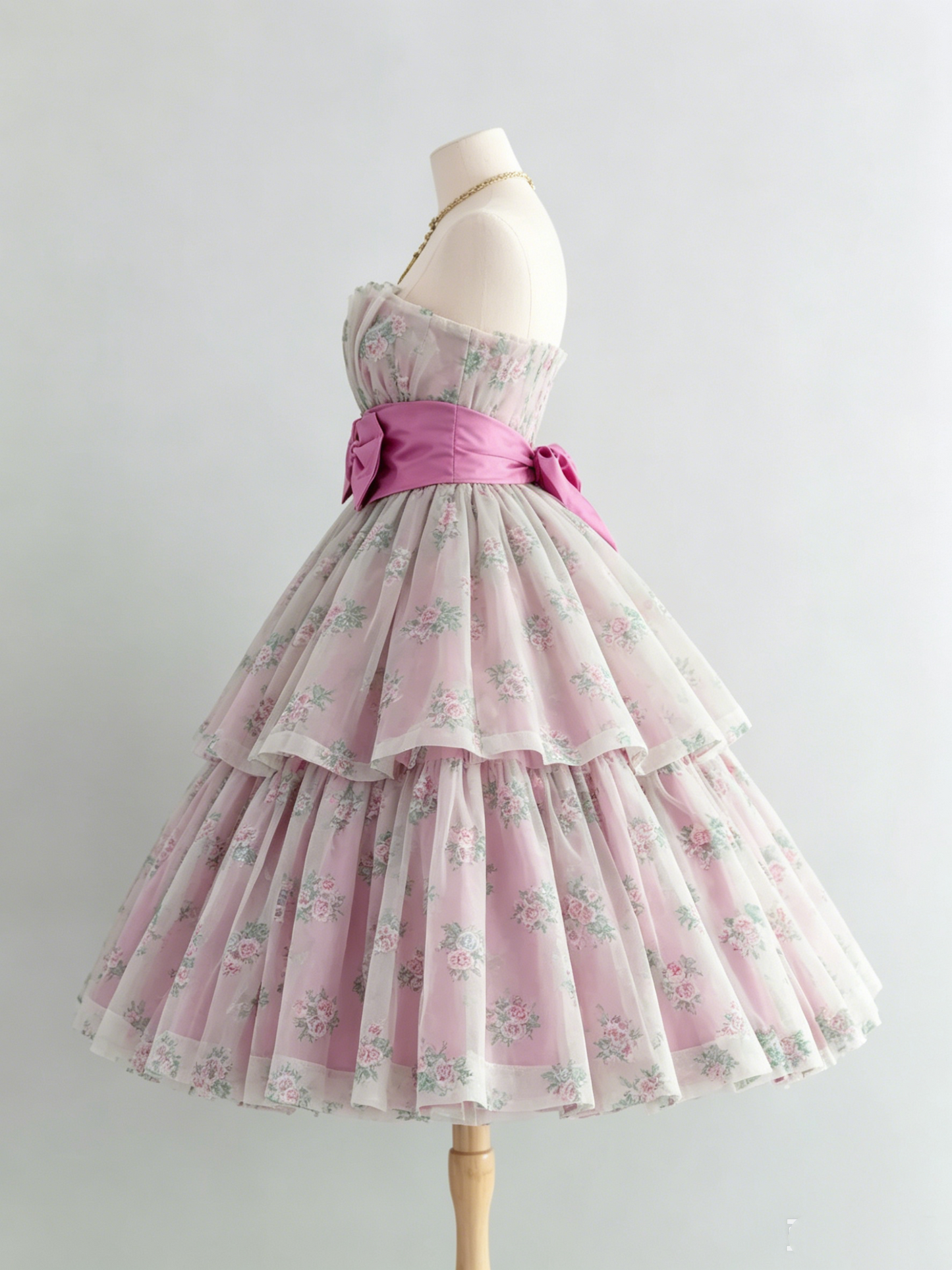 Vintage Strapless Floral Tiered Tulle Bow Detail Homecoming Dress DP8376