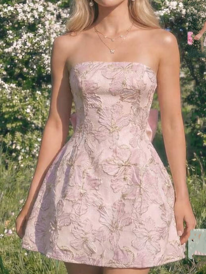 Vintage Pink Jacquard Bow Back Strapless A-Line Homecoming Dress DP8542