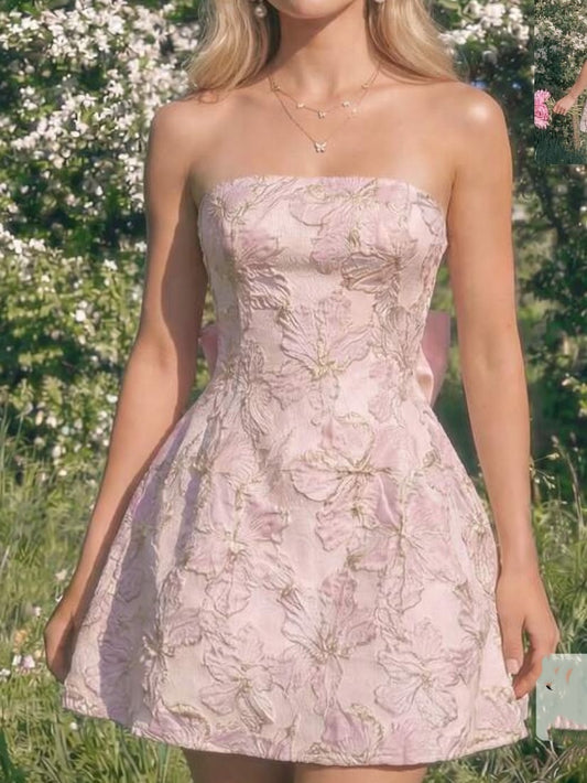Vintage Pink Jacquard Bow Back Strapless A-Line Homecoming Dress DP8542
