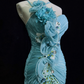 Glamorous Turquoise Strapless Mermaid Evening Gown with 3D Floral Applique Sequin Lace Train Prom Dress DP7288