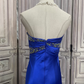 Vintage königsblaues trägerloses Satin-Abendkleid mit Perlenbesatz und Schleppe, formelles Ballkleid DP7594