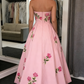Elegant Strapless Floral Embroidered Formal Evening Gown with Pockets DS4581