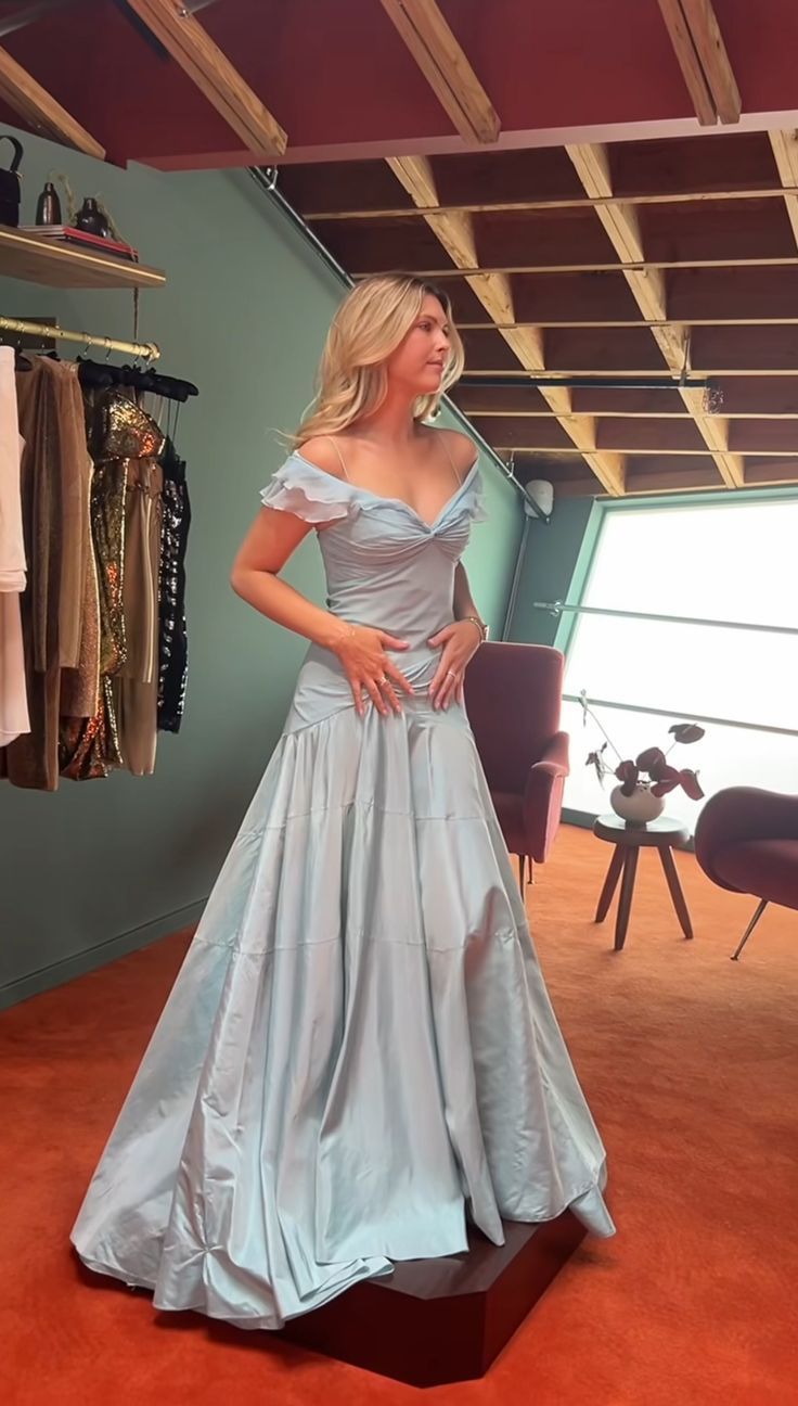 Elegant Dusty Blue Off-the-Shoulder Ruffled Satin A-Line Prom Gown Evening Dress DP8059