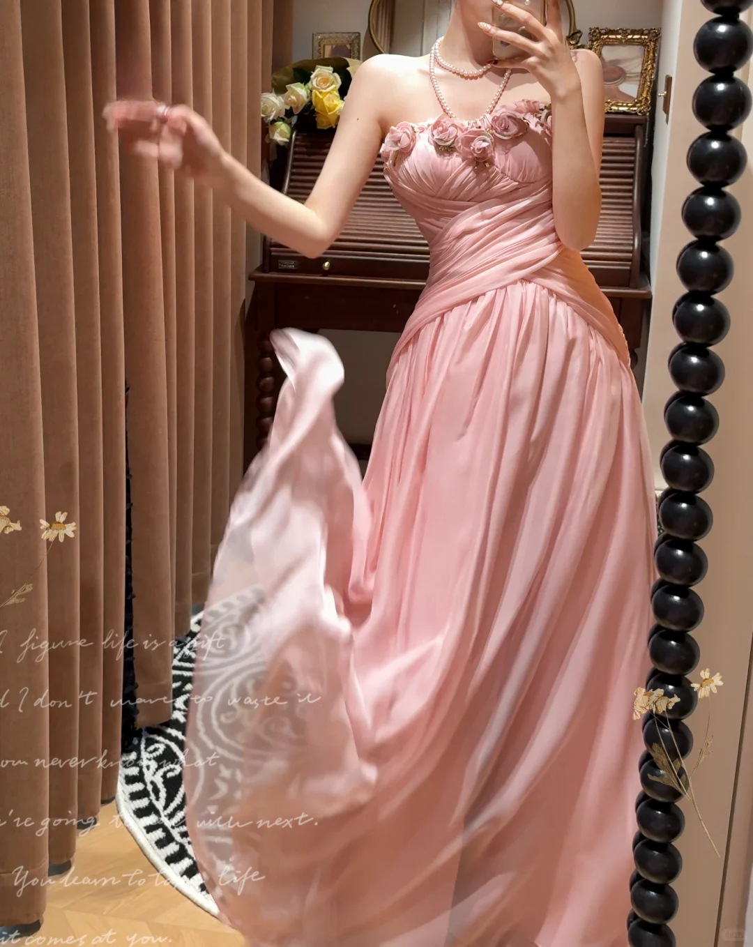 Vintage Pink Strapless Chiffon 3D Floral Draped Romantic Evening Gown DP7259
