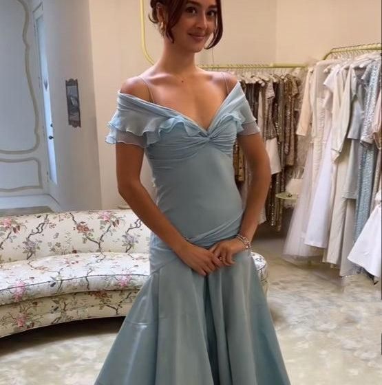 Elegant Dusty Blue Off-the-Shoulder Ruffled Satin A-Line Prom Gown Evening Dress DP8059