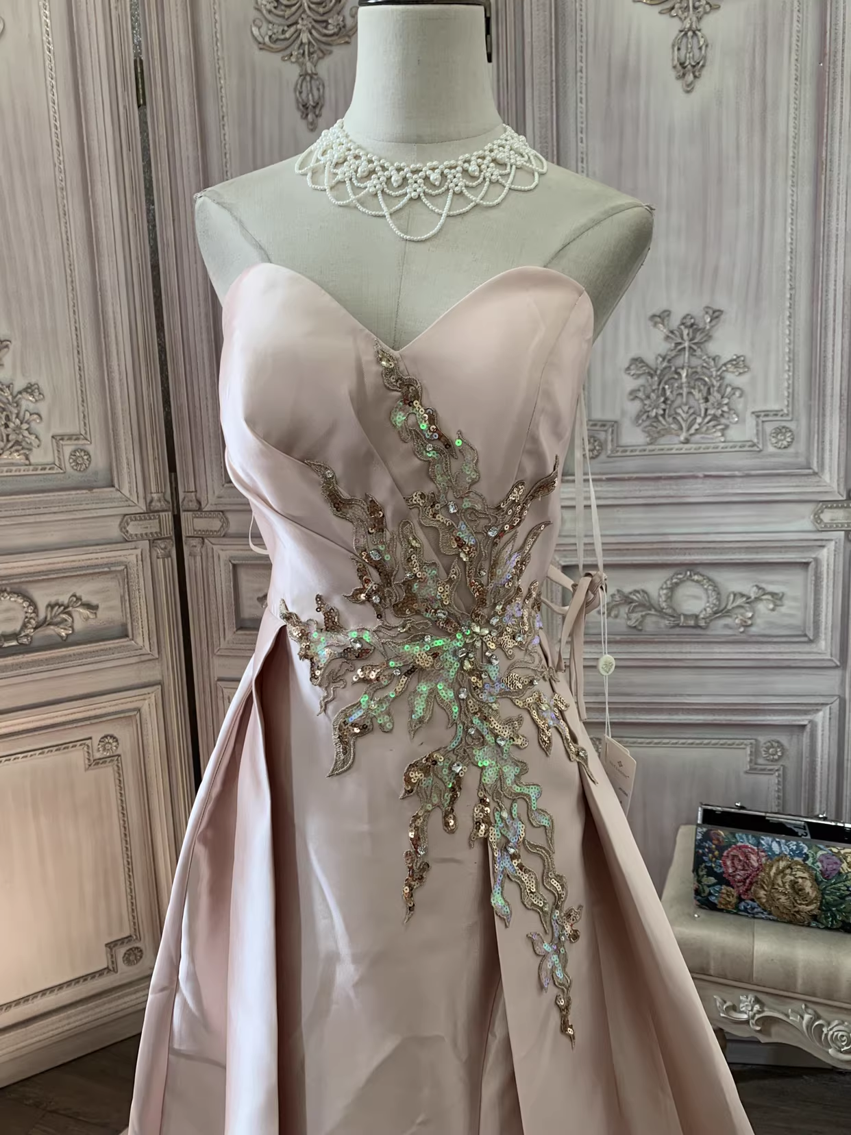 Glamorous Pink Strapless Beaded Embroidery & Sweeping Train Prom Dress DP7664