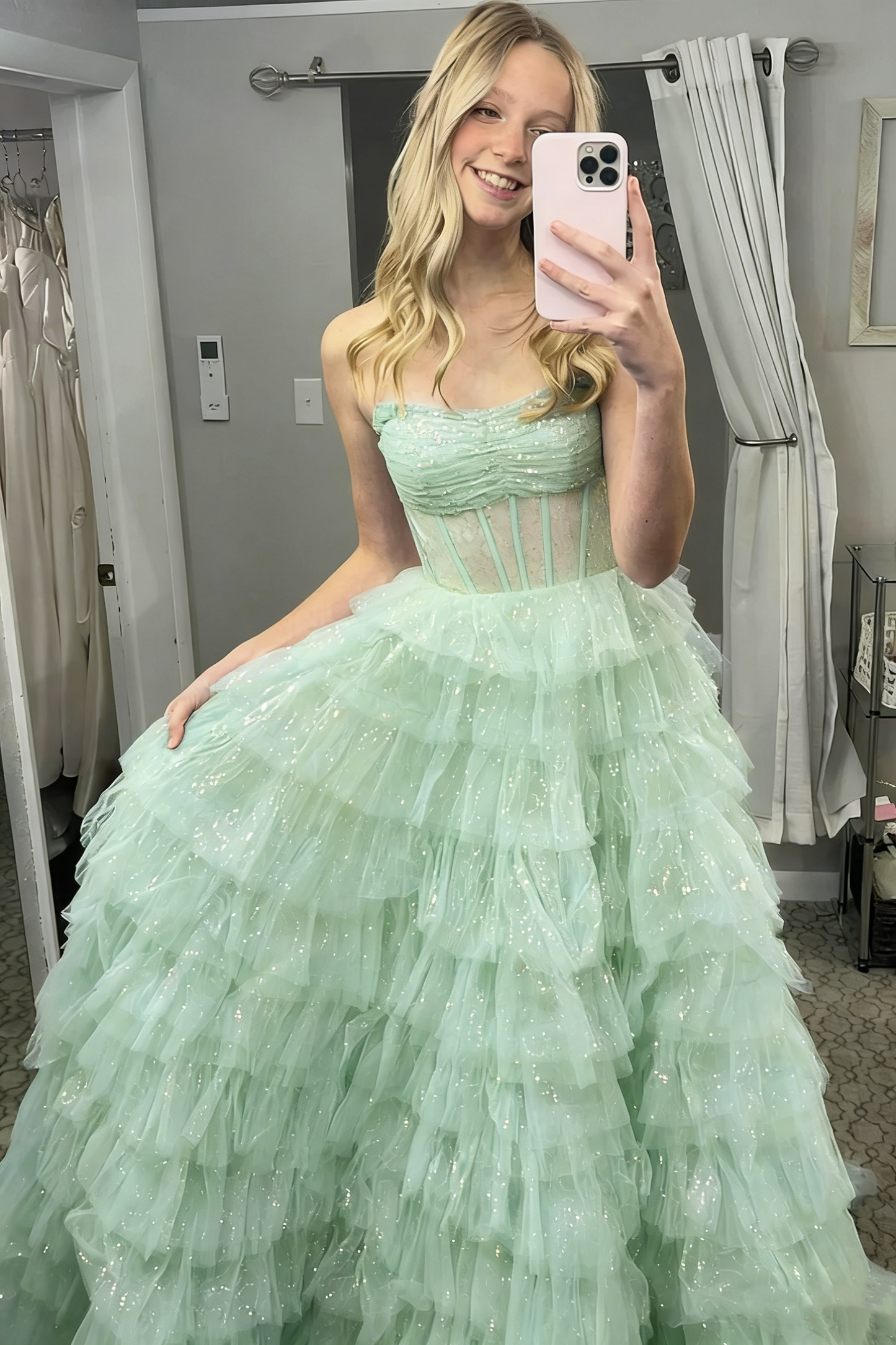 Cute Sequin Tiered Tulle Strapless Corset Prom Dress Evening Dress Ball Gown DP1392