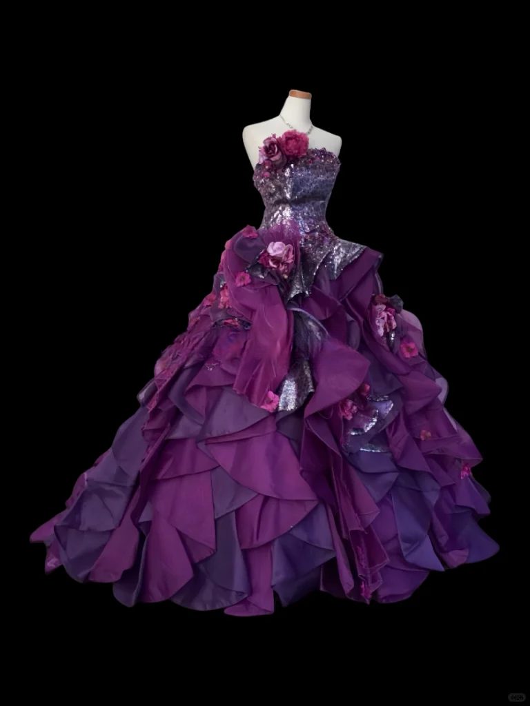 Glamorous Purple Sequined Strapless 3D Floral Applique Layered Ruffles Sweet 16 Quinceanera Ball Gown DP7277