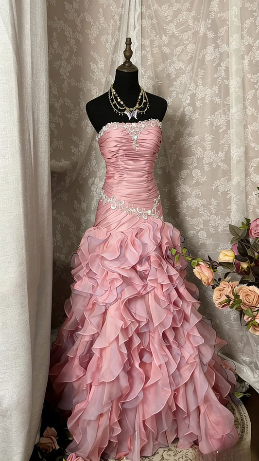 Glamorous Pink Strapless Mermaid Prom Dress Ruffled Organza Evening Gown DP7908