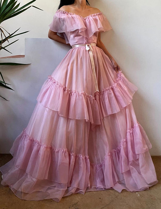 Elegant Pink Off-the-Shoulder Ruffle Tiered Tulle Sweet 15 Quinceanera Ball Gown DP8553