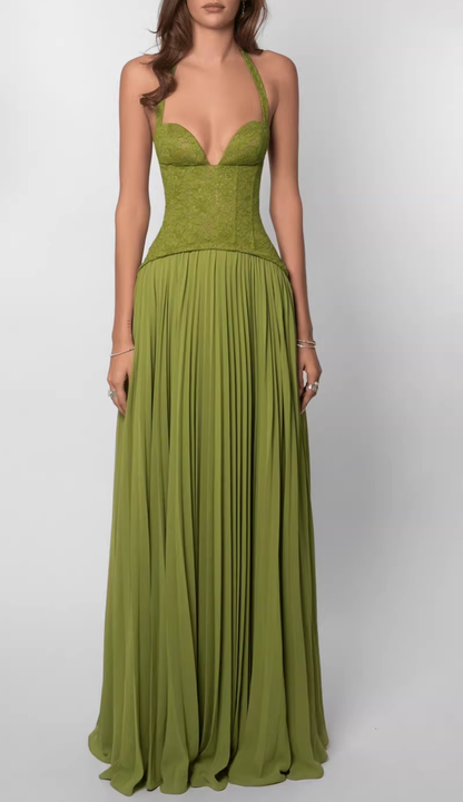 Elegant Olive Green Halter-Neck Lace Corset Pleated Chiffon Maxi Formal Evening Gown DP8233