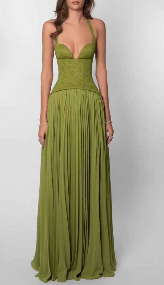Elegant Olive Green Halter-Neck Lace Corset Pleated Chiffon Maxi Formal Evening Gown DP8233