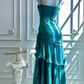 Türkisblaues Vintage Chiffon-Ballkleid mit Rüschen, Stufenrock und Spaghettiträgern im Meerjungfrauen-Stil DP8400