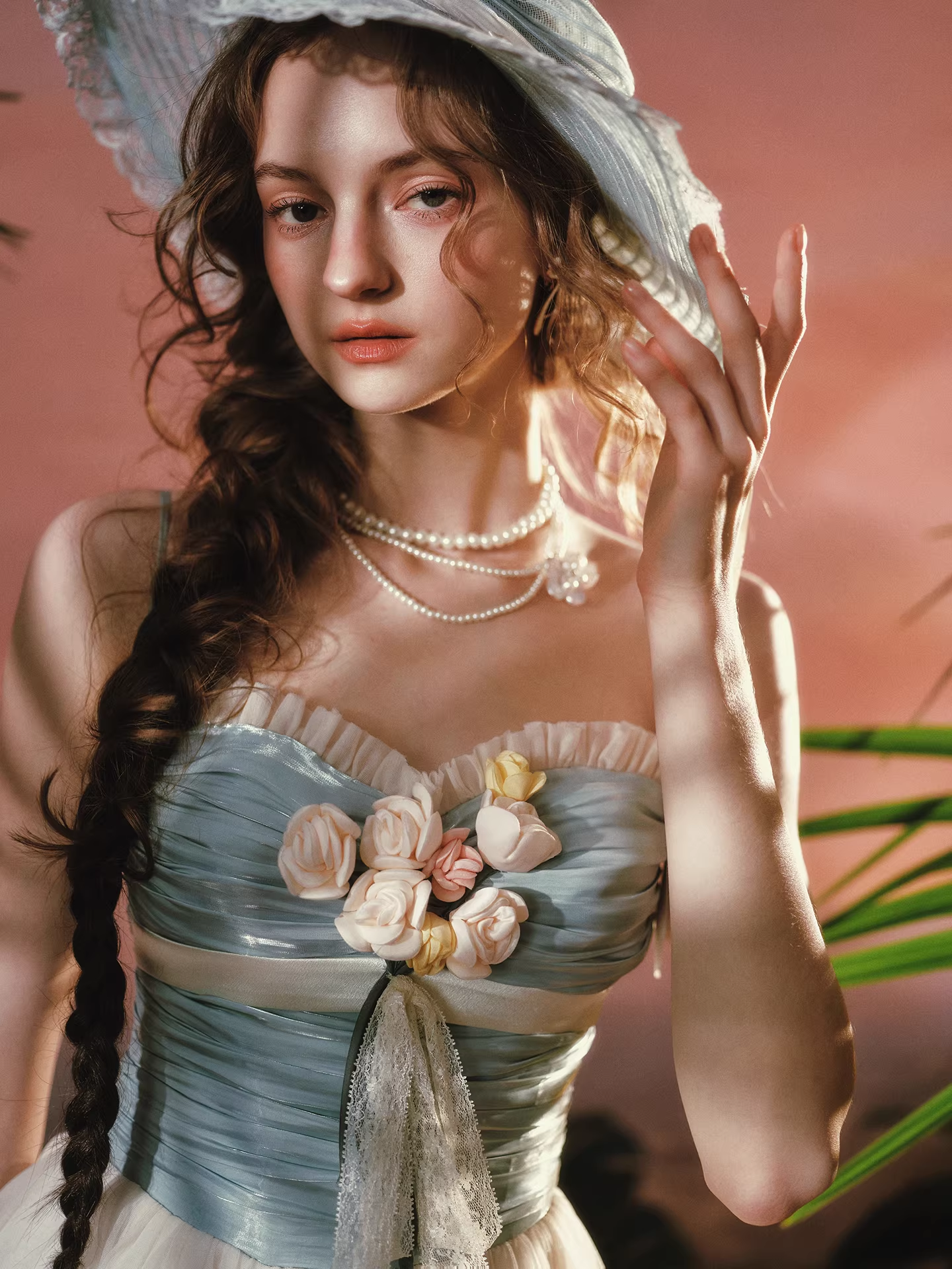 Vintage Dusty Blue & Ivory Bridesmaid Dress Spaghetti Strap Tulle Tea-Length Evening Gown DP7999