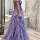 Elegant Lavender Off-the-Shoulder Ruffled Tulle A-Line Prom Dress DP8458