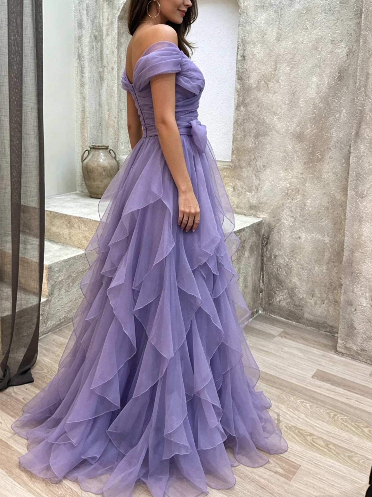 Elegant Lavender Off-the-Shoulder Ruffled Tulle A-Line Prom Dress DP8458