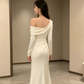Elegant Ivory Satin One-Shoulder Long Sleeve Ruched Sheath Prom Dress DP8777