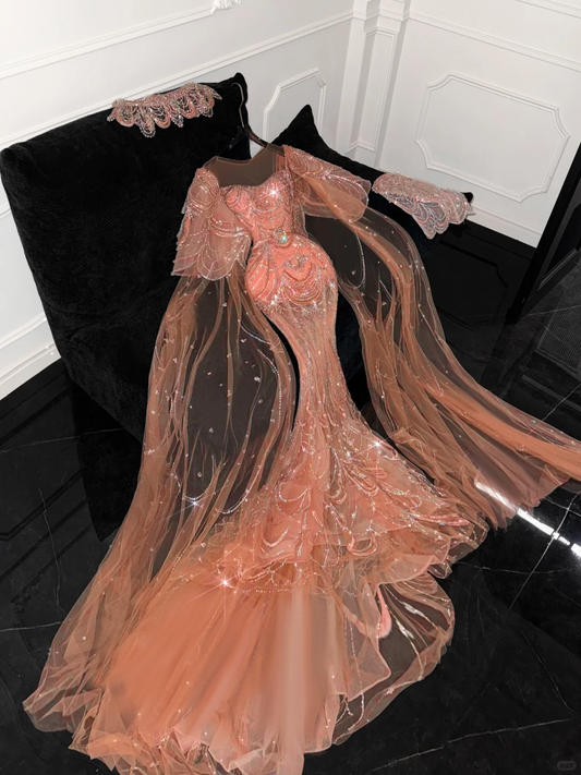 Gorgeous Shiny Orange Beaded Sequined Design Mermaid Prom Dress Evening Dress DP6226