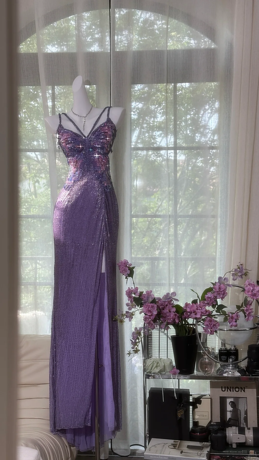 Gorgeous Purple Shiny Beaded Butterflies Pattern Spaghetti Strap Sheath High Slit Prom Dress Evening Dress DP6365