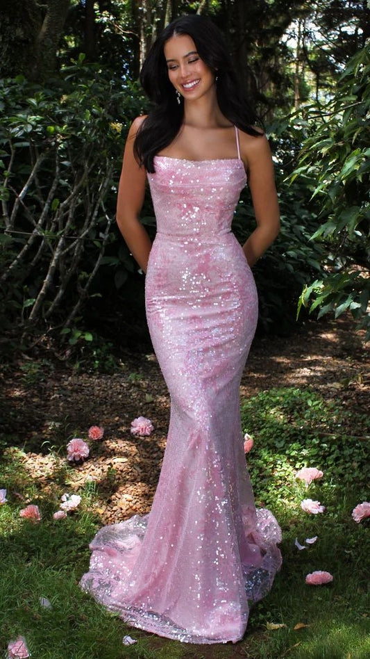 Elegantes rosa Pailletten Meerjungfrau Abendkleid Spaghettiträger Ballkleid DP8230