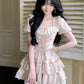 Cute Pink Floral Ruffle Tiered Homecoming Dress Square Neck Lace Mini Party Gown DP8258