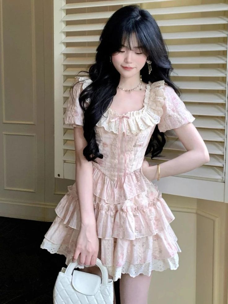 Cute Pink Floral Ruffle Tiered Homecoming Dress Square Neck Lace Mini Party Gown DP8258