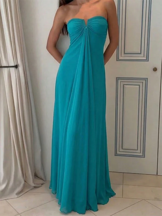Elegant Turquoise Strapless Ruched Chiffon A-Line Long Formal Prom Dress DP8459