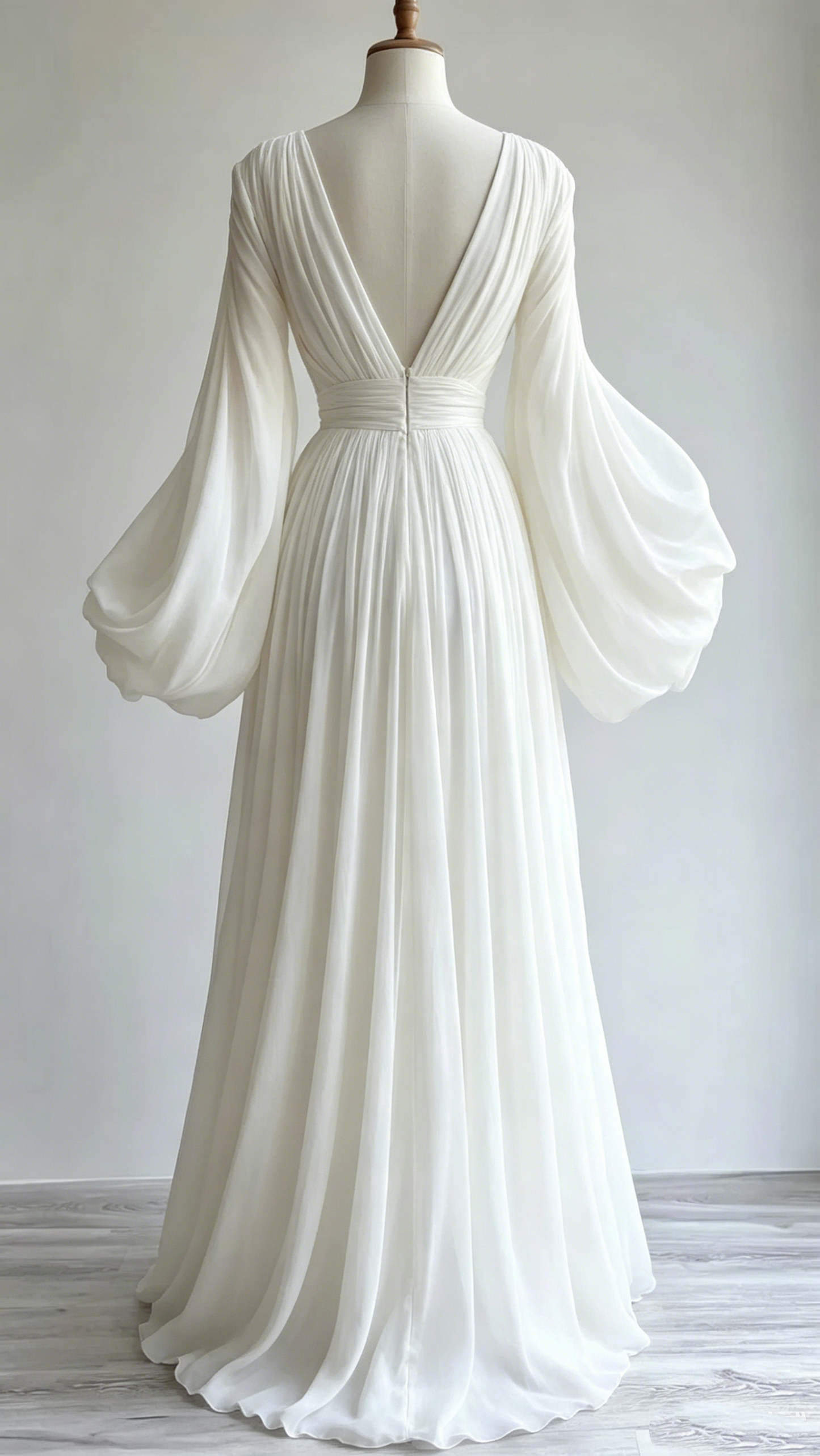 Elegant White Chiffon Deep V-Neck Long Sleeve A-Line Wedding Dress DP4962