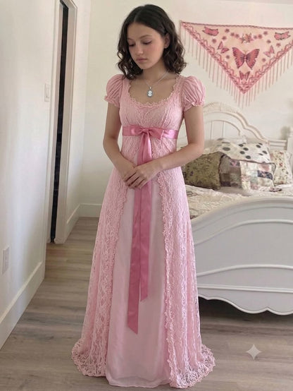 Elegant Pink Lace A-Line Puff Sleeve Prom Dress DP8794