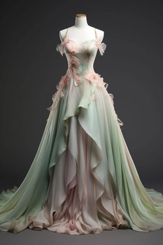 Gorgeous Chiffon Sweetheart Ruffle Design Elegant A-Line Spaghetti Strap Evening Dress Prom Dress DP6123