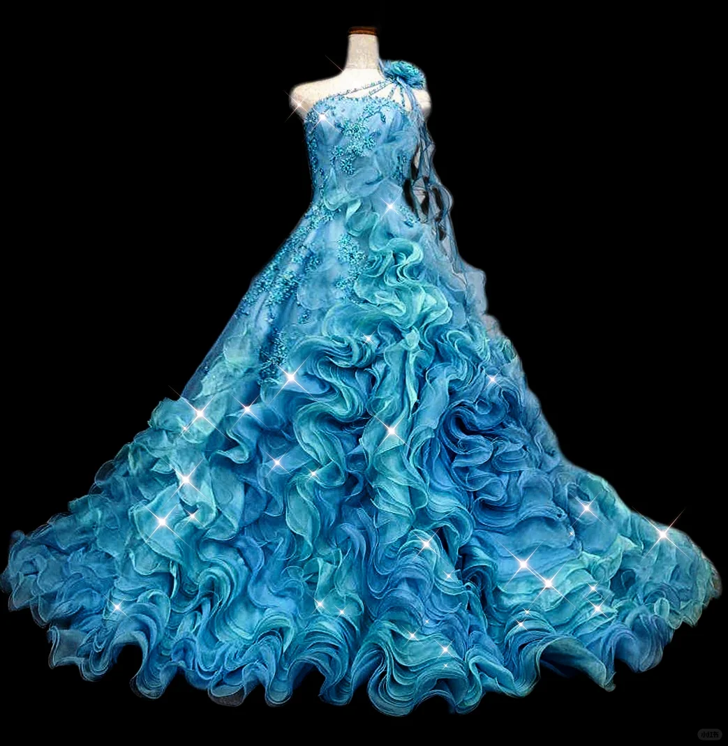 Vintage Turquoise One-Shoulder Sequin Ruffled Tulle Sweet 16 Quinceanera Ball Gown DP7551