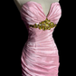 Vintage Pink Satin Sweetheart Neckline Beaded Mermaid Ruffled Tiered Evening Gown DP7353