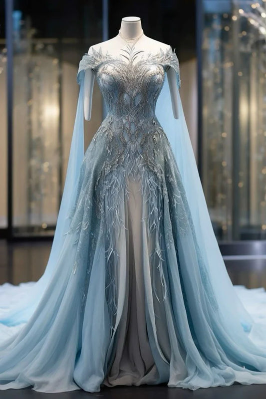 Vintage Light Blue Chiffon Applique Sequin Off-the-shoulder Design Elegant A-Line Evening Dress Prom Dress DP6122