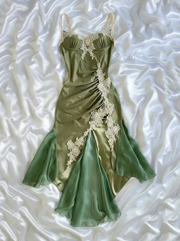 Robe de bal vintage verte à appliques, robe de soirée fourreau à bretelles spaghetti, robe de fée DP6652