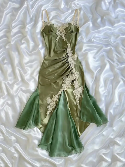 Robe de bal vintage verte à appliques, robe de soirée fourreau à bretelles spaghetti, robe de fée DP6652