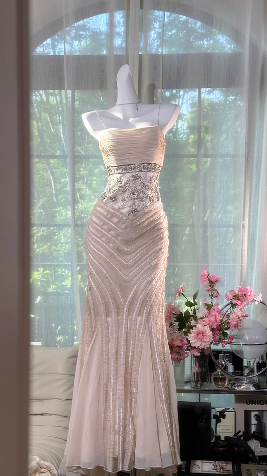 Gorgeous Pink Embroidery Spaghetti Strap Mermaid Chiffon Prom Dress Evening Dress DP6309